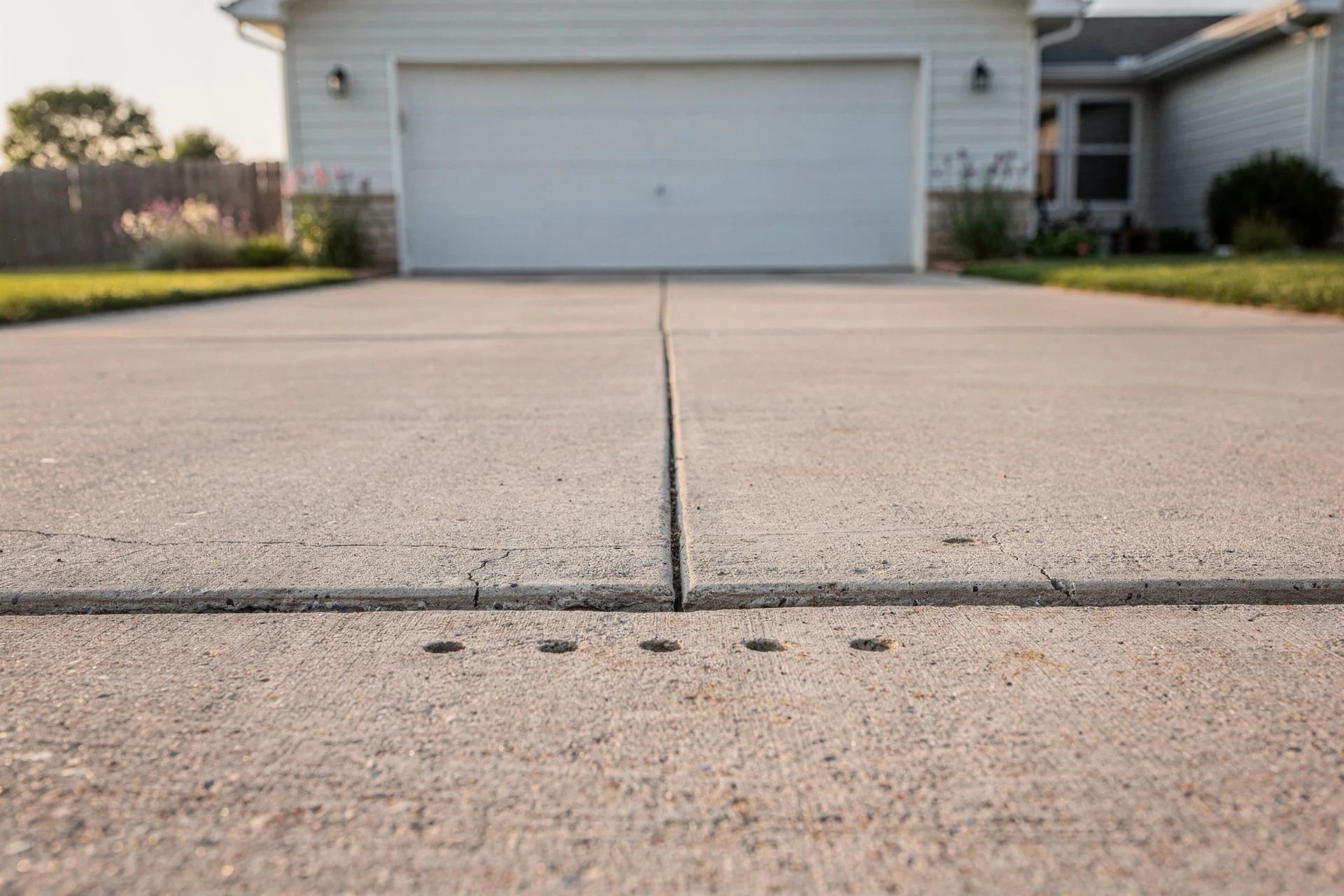 Sunken driveway slab in front of a garage with a row of drilled holes for slab lifting