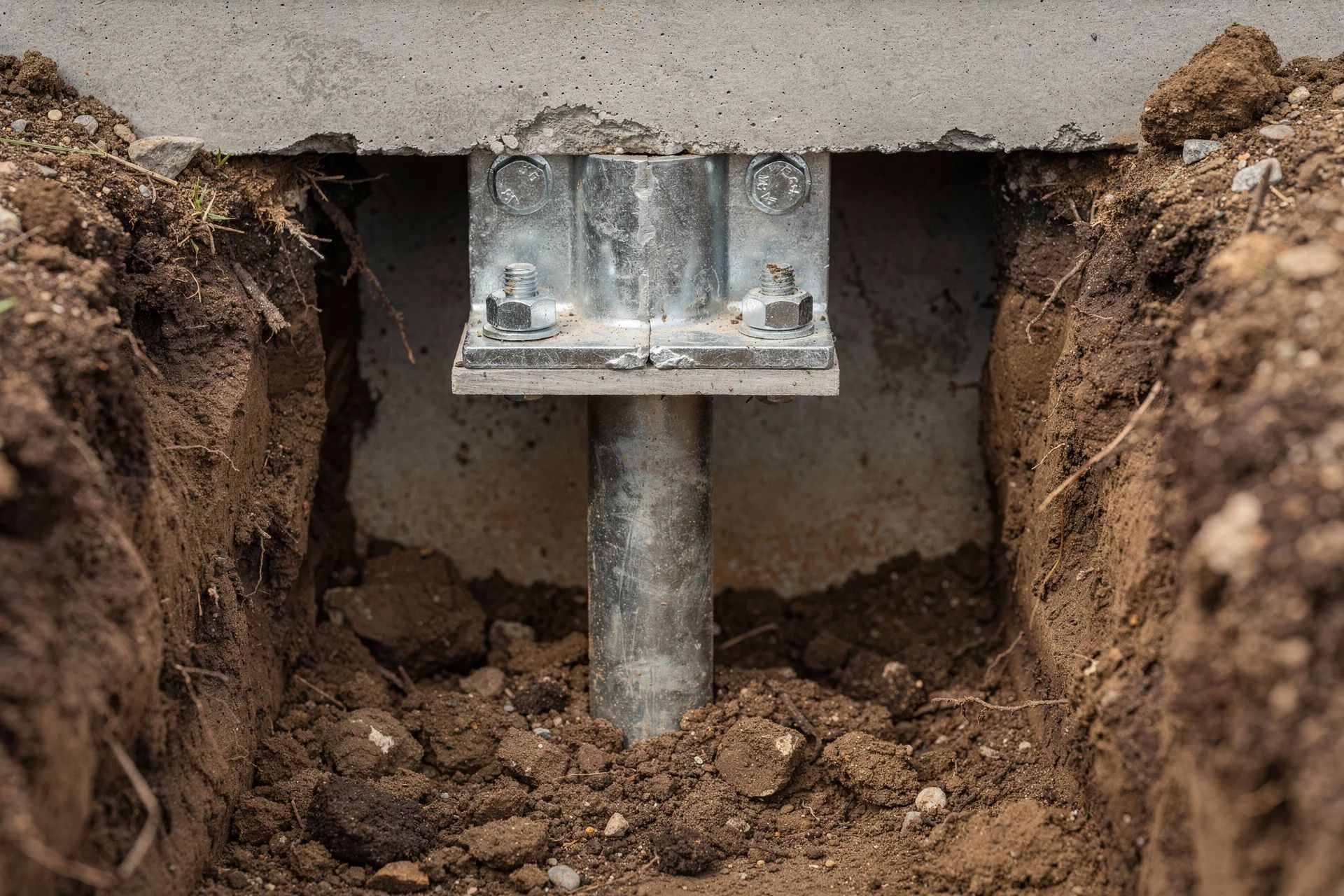 Steel foundation pier and bracket set under a concrete footing in an excavated hole